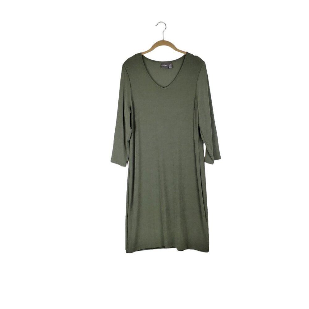 Chicos Travelers Lattice Sleeve Shift Dress Olive Green Slinky Size 1 Medium
